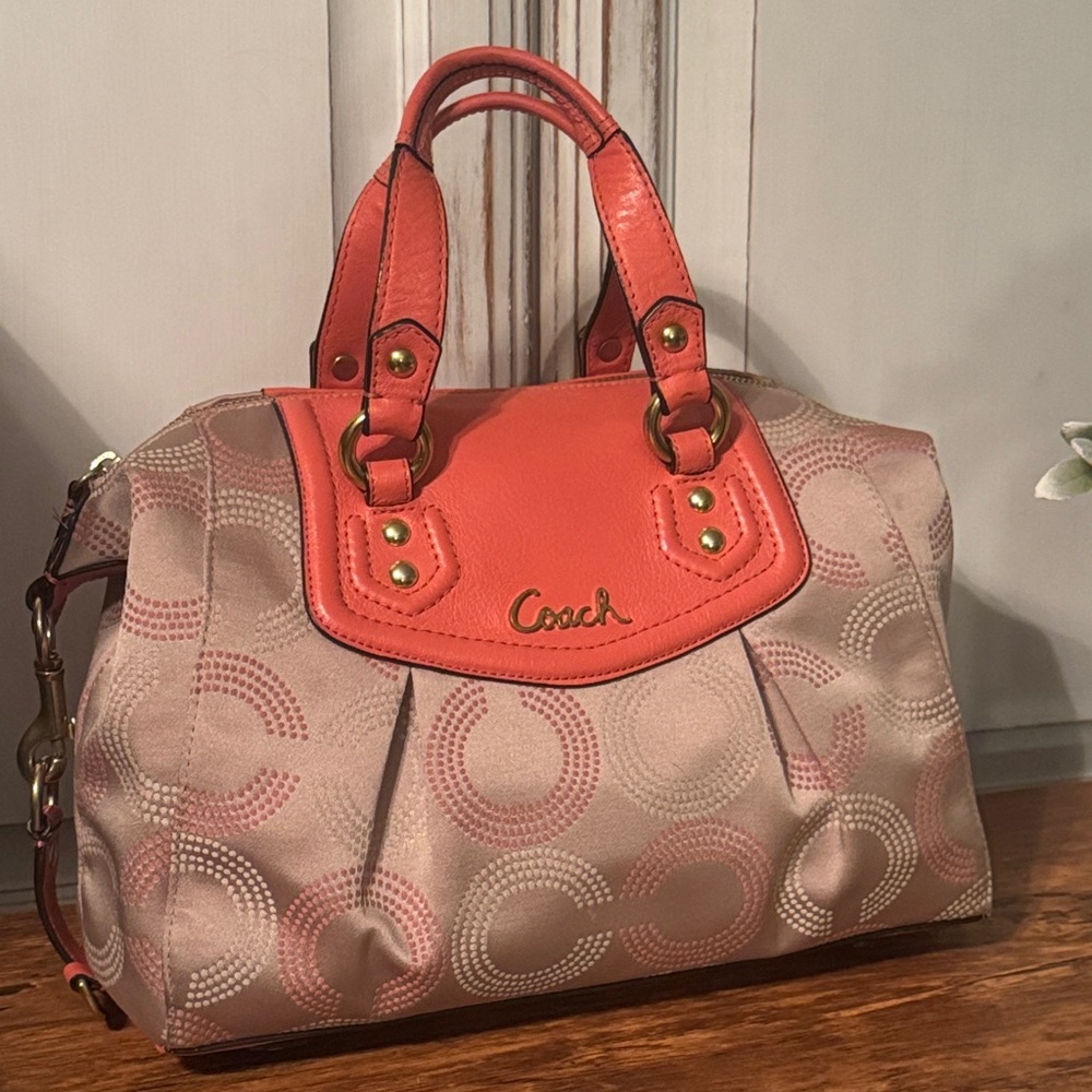 Coach Ashley Signature Tan Sateen,coral Leather Shoulder satchel Bag - Picture 2 of 11